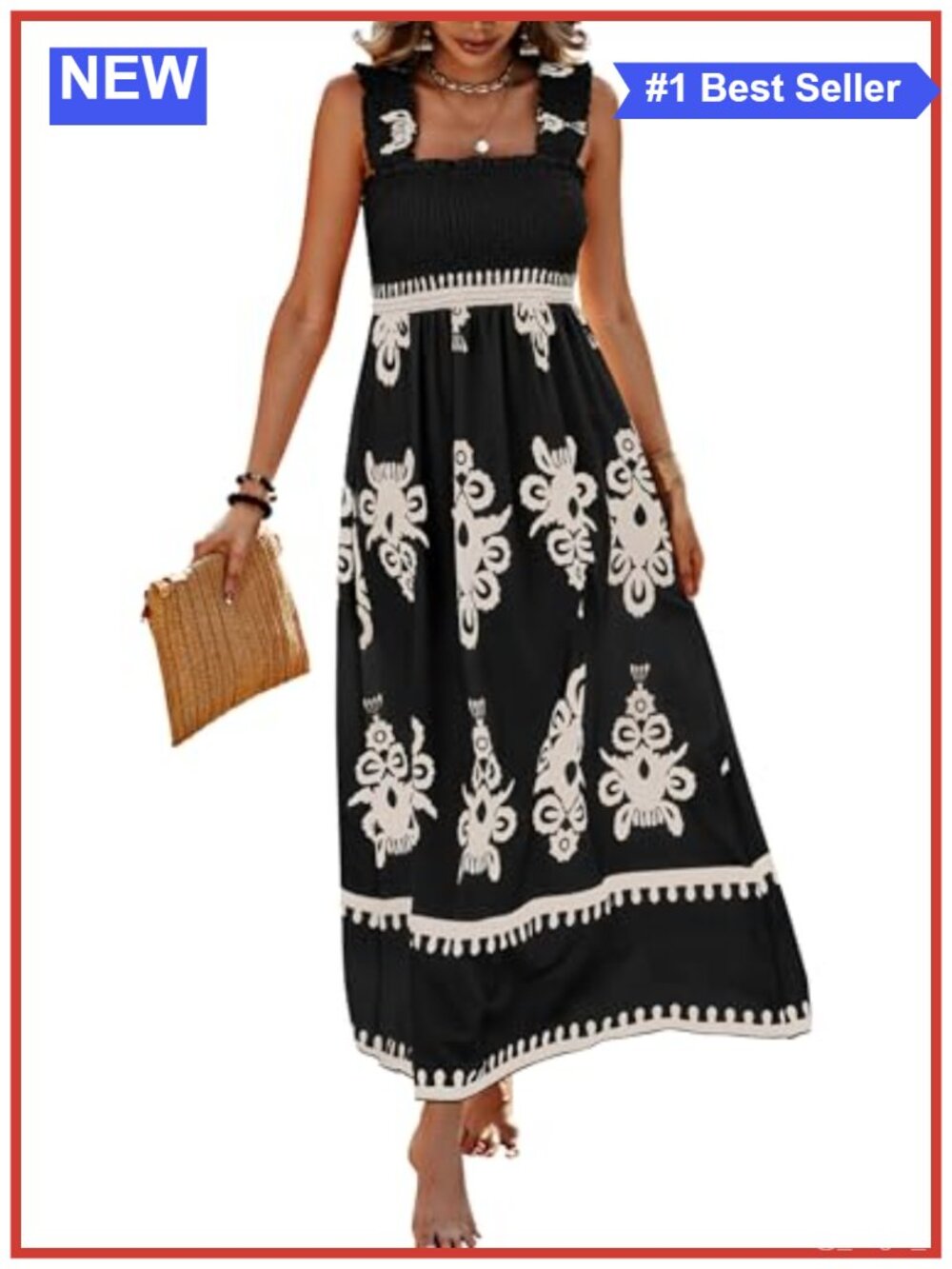 Women's Sleeveless Boho Floral Maxi Dress Tiered Smocked Square Neck